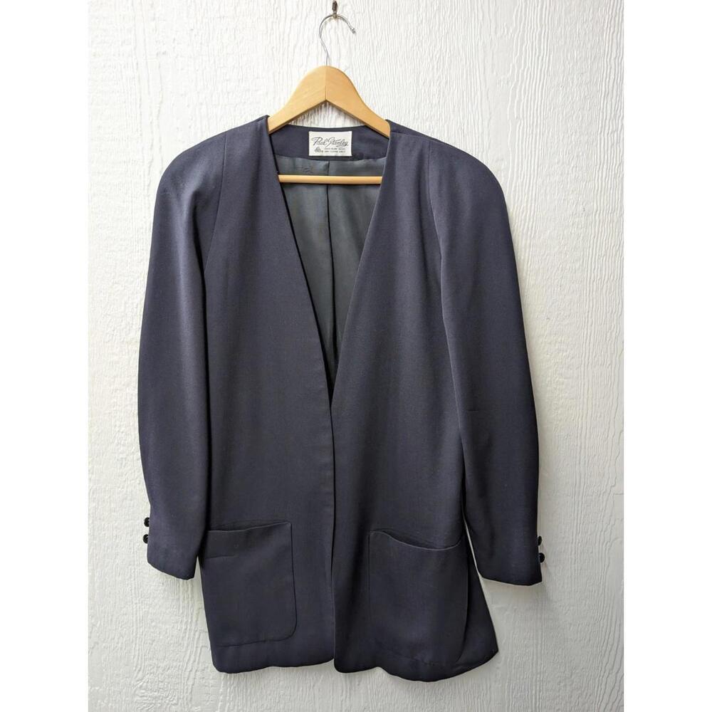 Vintage Paul Stanley 100% Wool Navy Blue Open Blazer Jacket Classic Corpcore 10